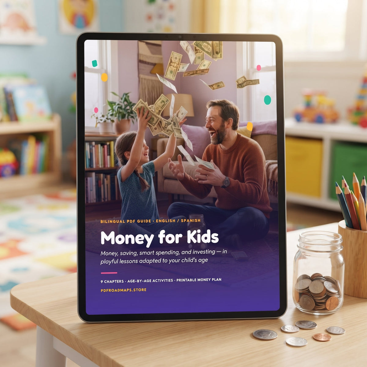 Money for Kids on a tablet — digital PDF guide