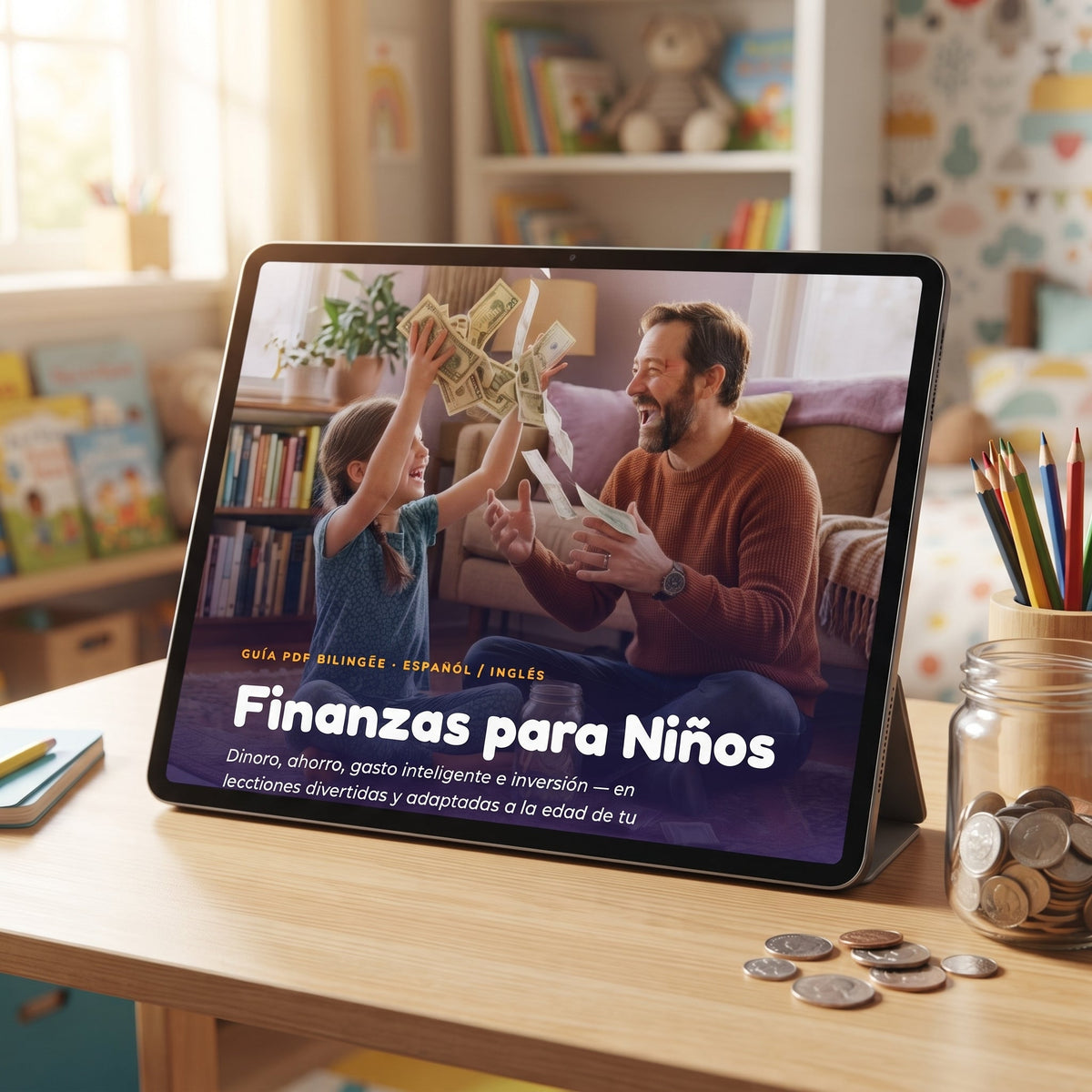Finanzas para Niños en una tablet — guía digital en PDF