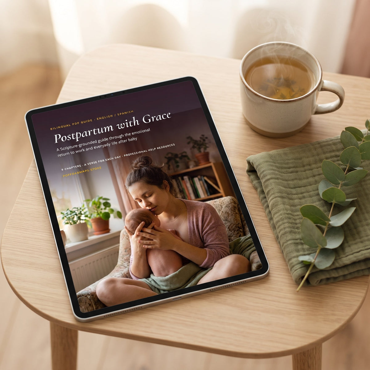 Postpartum with Grace on a tablet — digital PDF guide