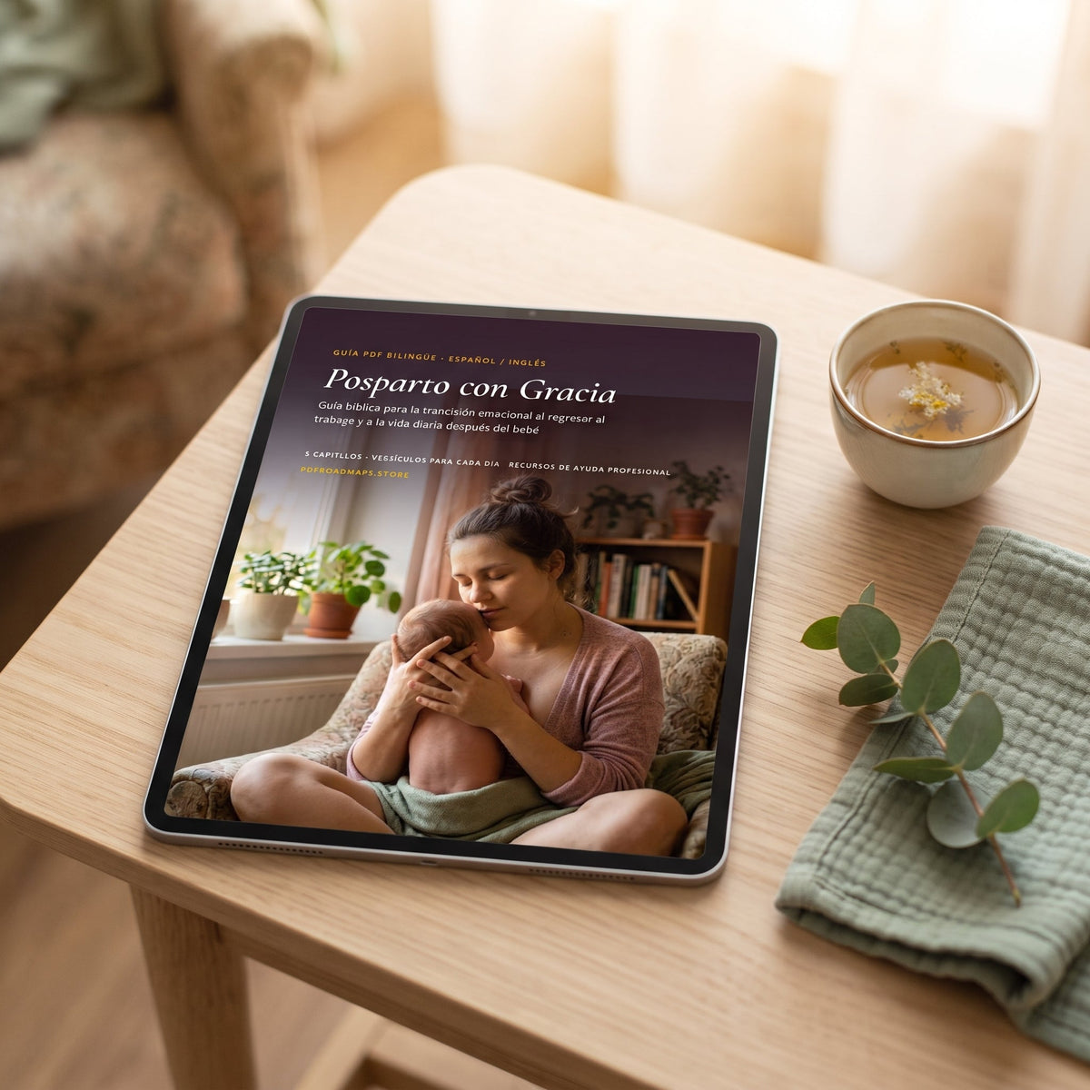 Posparto con Gracia en una tablet — guía digital en PDF
