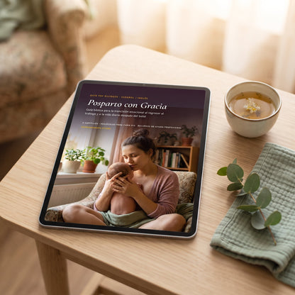 Posparto con Gracia en una tablet — guía digital en PDF
